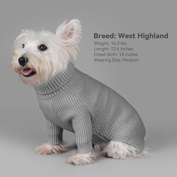 cyeollo Turtleneck Dog Sweater Knitted Cable Sweaters with Leash Hole Winter Pet Clothes Pet Small Dog Sweaters, Grey XL