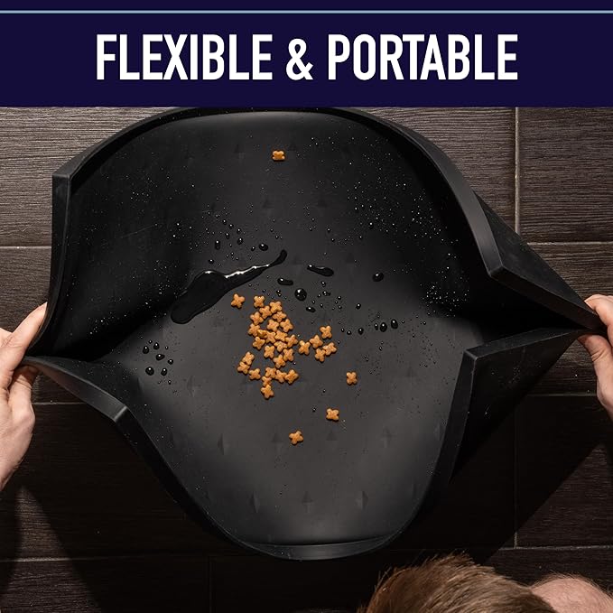 Leash Boss Dog Food Mat - Waterproof Cat & Dog Bowl Mat for Food and Water, Silicone Pet Feeding Mats for Floors, Non-Slip Placemat with High Edges, Puppy Essentials (ML: 20"x13", Black)