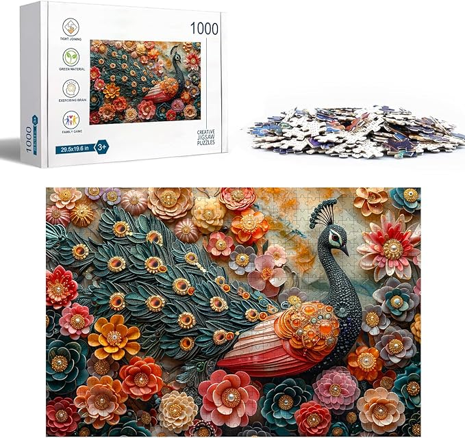 Jewel Peacock Jigsaw Puzzle - Wooden 1000 Pieces for Adults, Large Animal Puzzle