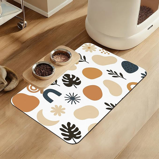 Boho Style Dog Food Mat–Absorbent Quick Dry Feeding Placemat for Food and Water Bowls, Non Slip Rubber Backing, Waterproof Pet Supplies for Mess-Free Eating 12"x20"
