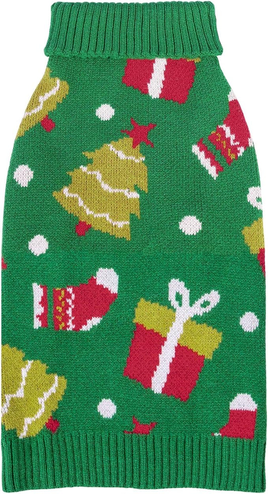 CuteBone Christmas Green Dog Sweater for Small Medium Dogs Tree Knit Puppy Sweater Turtleneck Pet Winter Clothes Cat Apparel with Harness Hole