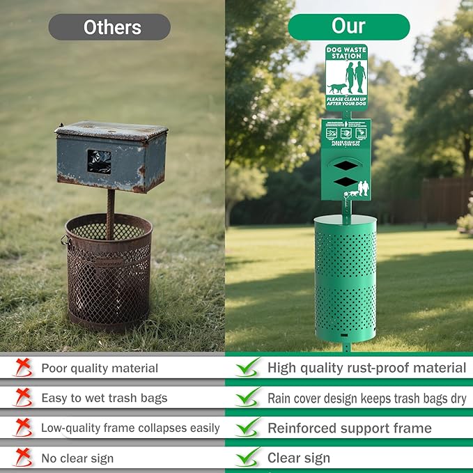 POCHAR Aluminum Rustproof Dog Waste Disposal Station for Pet Parks – 10 Gallon Outdoor Pet Poop Station with Reflective Sign & Lid – Durable Trash Bin for Backyard Dog Waste