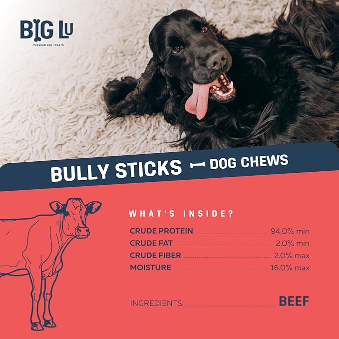 Big Lu - 4” Bully Sticks, 10 Count, 100% Grass-Fed Beef Chews, Fully Digestible, Long-Lasting Treats for Puppies and Small to Medium Dogs, Natural Single-Ingredient Chews for Keeping Dogs Busy