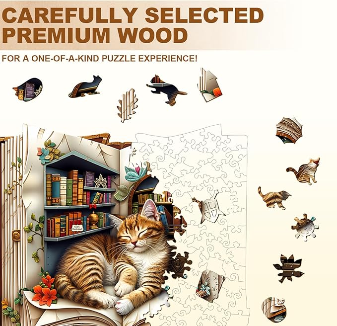 WOODBESTS Wooden Puzzles for Adults, Cat in The Book Wood Puzzles Adult(195 Pieces, M, 10.6 * 10.4in), Unique Shape Wooden Animal Jigsaw Puzzles, Birthday Gifts for Adults Family Game