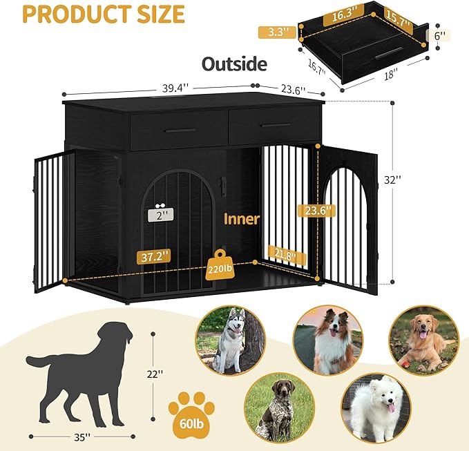 39.4'' Large Dog Crate Furniture with 2 Storage Drawers, Heavy Duty Dog Kennel Indoor with Charging Station, Wooden Dog Cage End Table Kennel for Medium/Large Dogs, Black DFC84204B