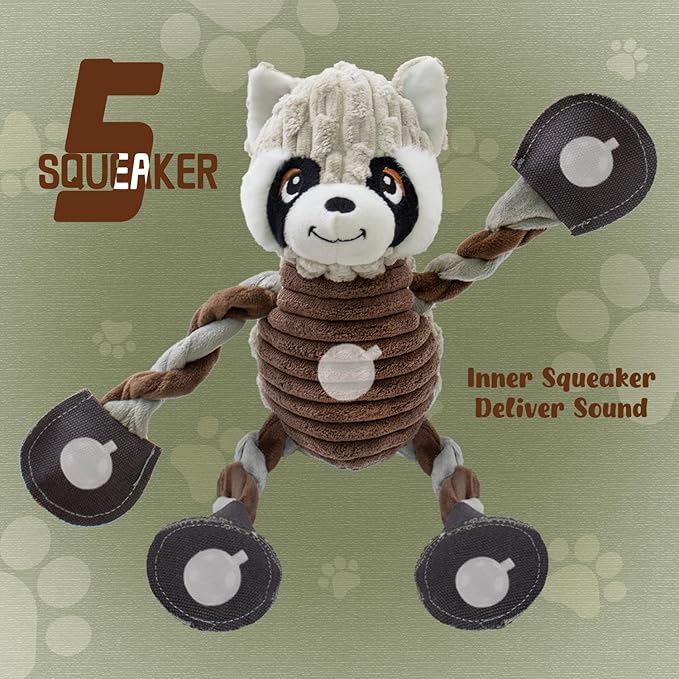 Squeaky Dog Toys, Tug of War Plush Toys with 5 Squeakers, Stuffed Dog Toys to Keep Them Busy, Chew Toys with Crinkle Paper for Small & Large Breeds (Raccoon)