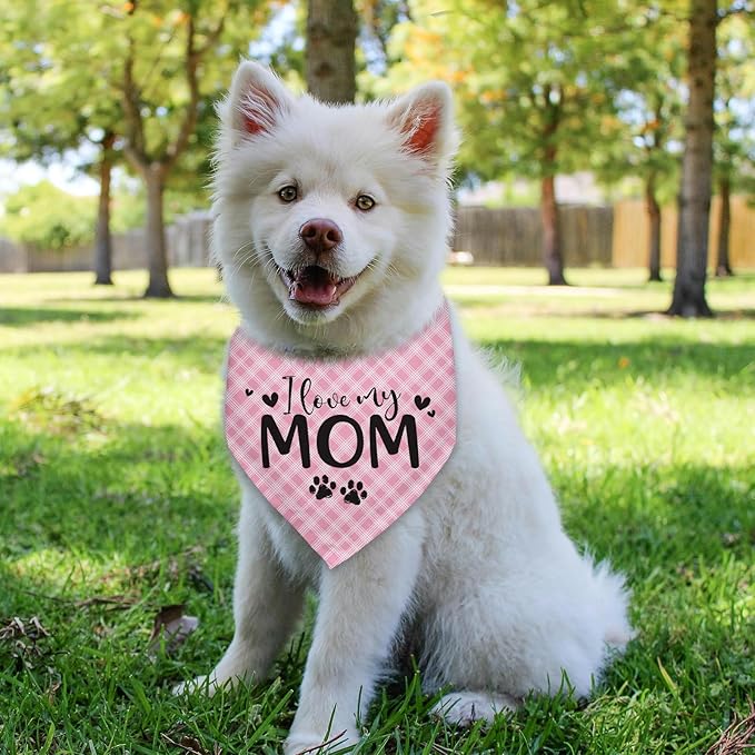 I Love My Mom Dogs Bandana Funny Cute Dogs Bandana Mothers Day Birthday Christmas Photo Prop Pet Scarf Accessories for Pet Dog Lovers Dog Mom Gifts - Red Plaid
