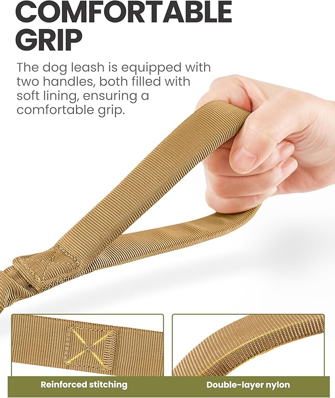 OutdoorMaster Bungee Dog Leash, Heavy Duty Dog Leash with Shock Absorption, 2 Padded Handles Training Leash,1 Seat Belt Clip, Improved Dog Safety and Comfort - Brown Upgraded, 4 FT