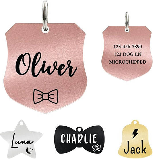 Ultra Joys Cat ID Tag Personalized Pet Tags, Durable Stainless Steel Small Pet Mini Dog Cat Tag Lightweight - Shield Tag in Rose Gold