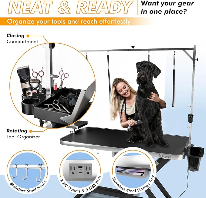 KANIS Professional Electric Dog Grooming Table - Heavy Duty, Height Adjustable Pet Grooming Table w/Leveling Wheels, Grooming Arm, Anti Slip Tabletop & Tool Organizer/Dog Grooming Station (60", BLACK)
