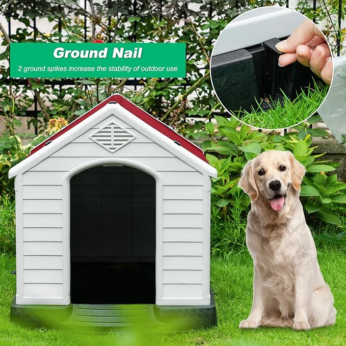 FDW Dog House Indoor Outdoor Durable Ventilate Waterproof Pet Plastic Dog House for Small Medium Large Dogs Insulated Puppy Shelter Kennel Crate with Air Vents and Elevated Floor