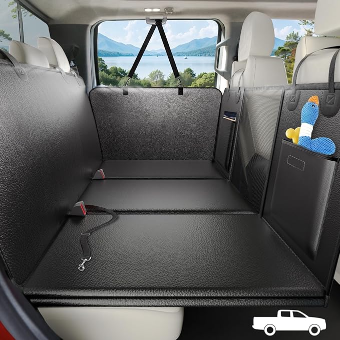 Back Seat Extender for Dogs Truck-Upgraded PU Leather-Dog Pet Seat Cover Back Seat Hard Bottom 500lbs, Anti-Scratch Dog Hammock for Crew Cab Trucks F150, RAM1500, Sierra, Tundra, Silverado