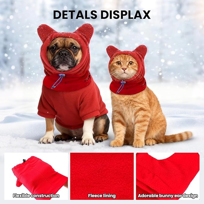 Warm Hooded Hat for Dogs & Cats, Autumn/Winter Wool Pet Headwear with Cute Ears, Adjustable Pet Scarf for Cold Days, Soft Neck Warmer for Small/Medium/Large Pets(Red, Medium)