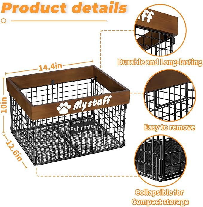 Dog Toy Bin Toy Basket Metal Storage Box with Handles Dog Organizer Chew-Proof Dog Toy Box Blankets Leashes Chest Puppy Dog Toy Storage Wood Metal Container Home Decor Pet Toys Dog Cat