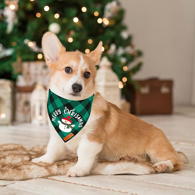 ADOGGYGO Christmas Dog Bandanas, Red Green Plaid Pet Scarf, Premium Cotton Fabric, Xmas Santa Snowman Christmas Bandanas for Medium Large Dogs Pets (Large)