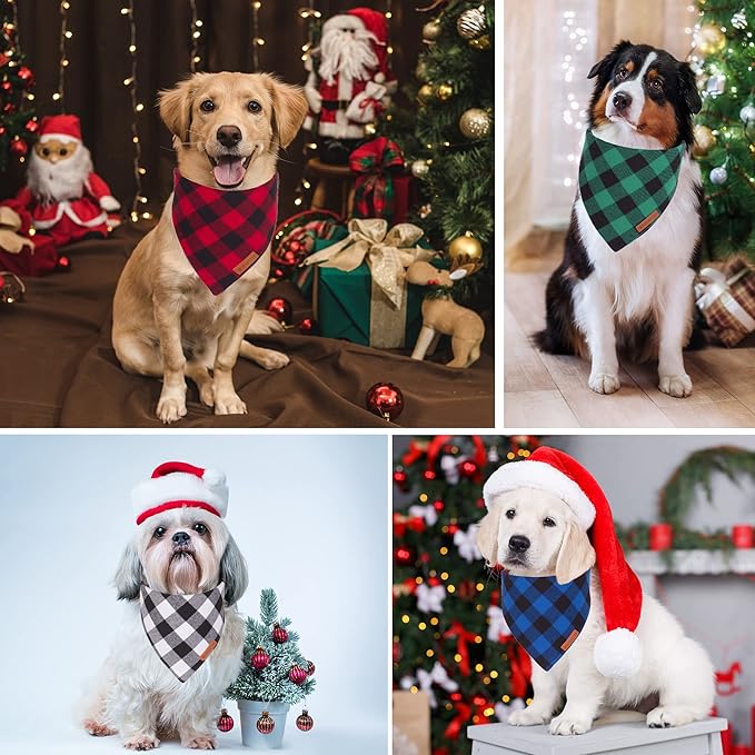 ADOGGYGO 4 Pack Dog Bandana Christmas Classic Plaid Bandana Scarf, Multiple Sizes Offered, Blue White Green Red Plaid Bandana for Medium Large Dogs (Large)