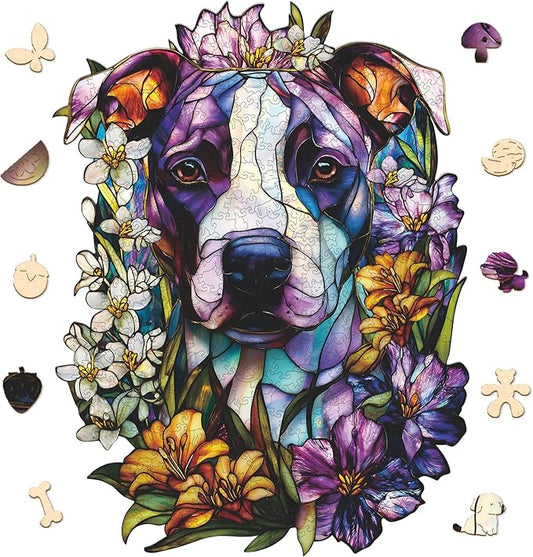 Bovearto Wooden Puzzles for Adults, Stained Glass Dog Wooden Jigsaw Puzzles, Unique Shaped Animal Flower Puzzle Gifts for Kids Challenge Thanksgiving Christmas Puzzle Family Games (12.7"*16.9'')
