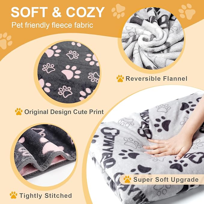 1 Pack 3 Dog Blankets for Large & Medium Dog Blanket Super Soft Fluffy Premium Fleece Pet Blanket Flannel Throw for Dog Puppy Cat Paw Prints, Grey Pink, 41x31inch