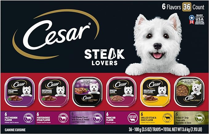 Cesar Wet Dog Food Steak Lovers Variety Pack with Real Meat, 3.5 oz. Trays (36 Count, Pack of 1)