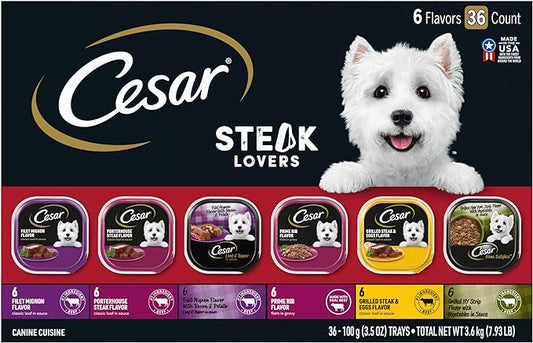 Cesar Wet Dog Food Steak Lovers Variety Pack with Real Meat, 3.5 oz. Trays (36 Count, Pack of 1)