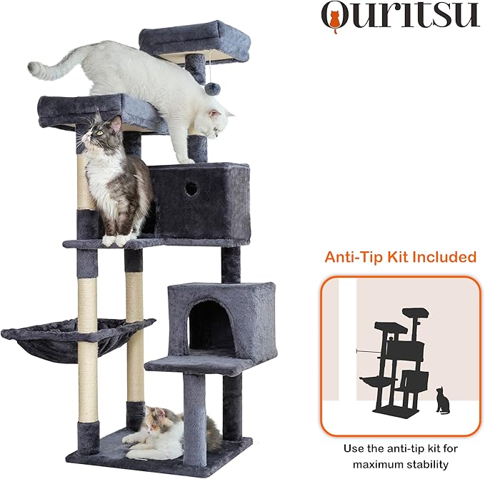 Ouritsu Cat Tree, 57 inch Cat Tower for Large Cat Indoor, 2 Top Perches with 1 Widened, 2 Condos with 1 Enlarged, Steel Frame Hammock, Scratching Posts and Scratching Pad, Dark Gray, LF003DG