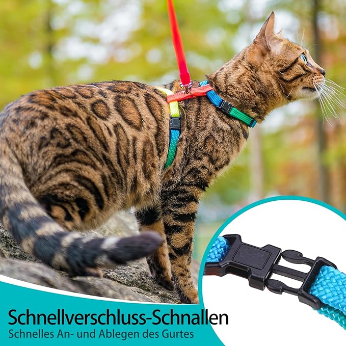 PUPTECK Adjustable Cat Harness and Leash Set Escape Proof Kitten Strap Collar for Walking Travel, Multicolor