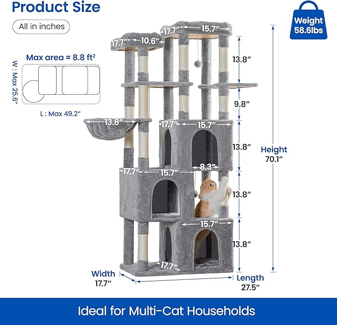 MWPO Extra Large Cat Tree - 70.1-Inch Tall Cat Tower with 3 Cat Condos, Multi-Level Cat Stand for Large Cats Featuring Scratching Posts, Padded Perches, Hammock, Dangling Toys, Light Grey