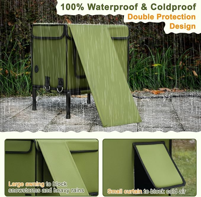 Palopalo Dewproof Heated Cat House for Outdoor Winter, Insulated Discreet Pet Shelter with Waterproof Heating Pad & Escape Door for Feral, Stray, Barn Kitty Cats (Army Green, 16.5"x12.5"x17.7")