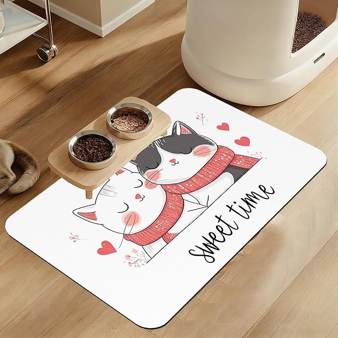Sweet Cat Lovers Dog Cat Food Mat–Absorbent Waterproof Placemat for Food and Water Bowls, Non Slip Rubber Backing, Feeding Mat for Clean Floors 16"x24"
