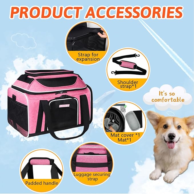 Petskd Top and Side Expandable Pet Carrier 17x11x9.5 Inches Alaska Airline Approved, Soft-Sided Carrier for Small Cats and Dogs with Locking Safety Zippers and Anti-Scratch Mesh(Pink)