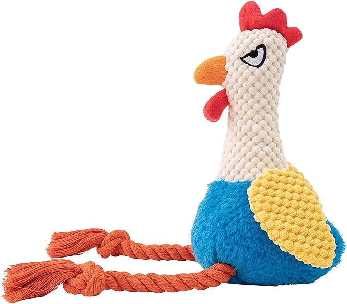 Plush Chicken Dog Toy with Squeaker, Interactive Rope Legs, Colorful Textured Rooster Chew Toy for Small, Medium Dogs, Tug-of-War, Fetch