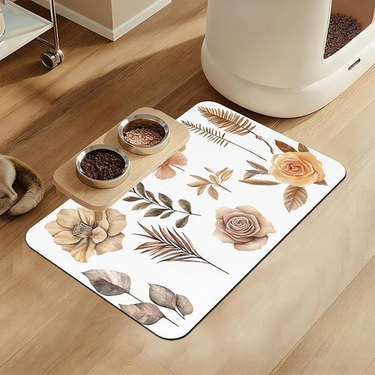 Floral Palm Leaves Dog Cat Food Mat–Absorbent Waterproof Placemat for Food and Water Bowls, Non Slip Rubber Backing, Feeding Mat for Clean Floors 12"x20"