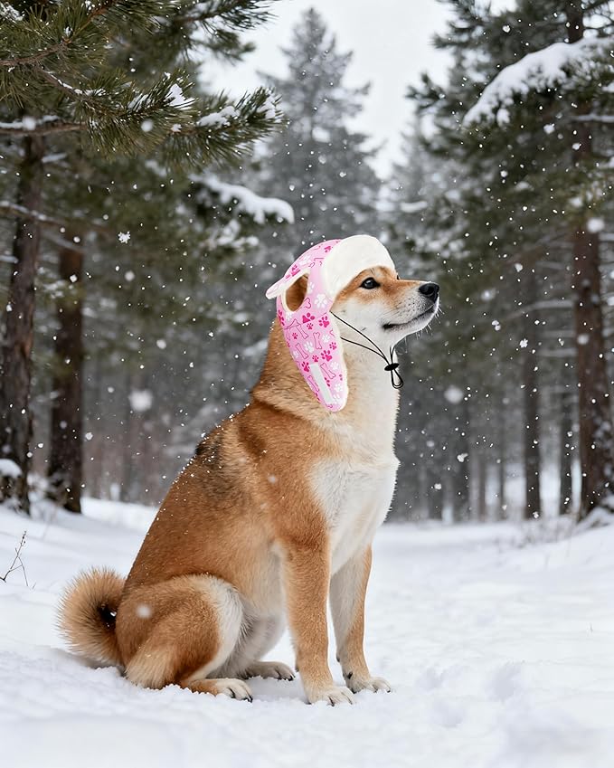 PET SHOW Dog Trapper Hat Winter Hat for Small Medium Dogs Warm Fleece Aviator Hats with Ear Flaps Adjustable Outdoor Girl Pet Pilot Costume Cap M-Pink Paw/with Ear Holes