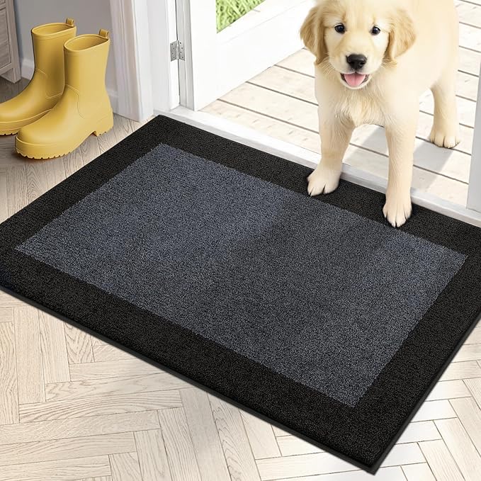 PURRUGS Dirt Trapping Door Mat 20" x 32", Non-Slip/Skid Machine Washable Entryway Rug, Shoes Scraper, Throw Rug, Super Absorbent Area Rug for Muddy Wet Shoes and Paws, Bluish Grey & Charcoal