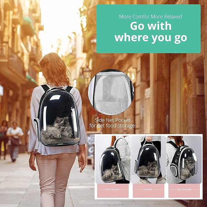Cat Backpack Carrier with Collapsable Dog Bowl, Cat Collar & Interactive Cat Toy - Airline Approved Bubble Carrying Bag for Medium Dogs & Cats, Animal Carrier Backpacks, Pet Backpack | Black