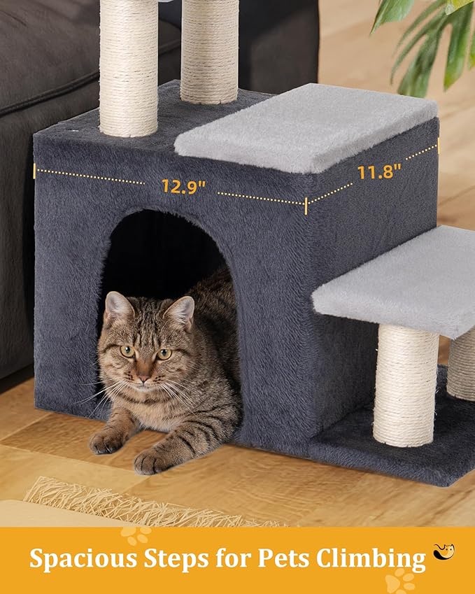 3-in-1 Pet Stairs for Cats, Dog Steps for Small Doggie, 6.29''Depth Cat Stairs, Indoor Cat Ladders for High Bed for Pet's Joints,Soft Plush, 1 Cat Condo Cave, Sisal Scratching Posts, Grey, Medium