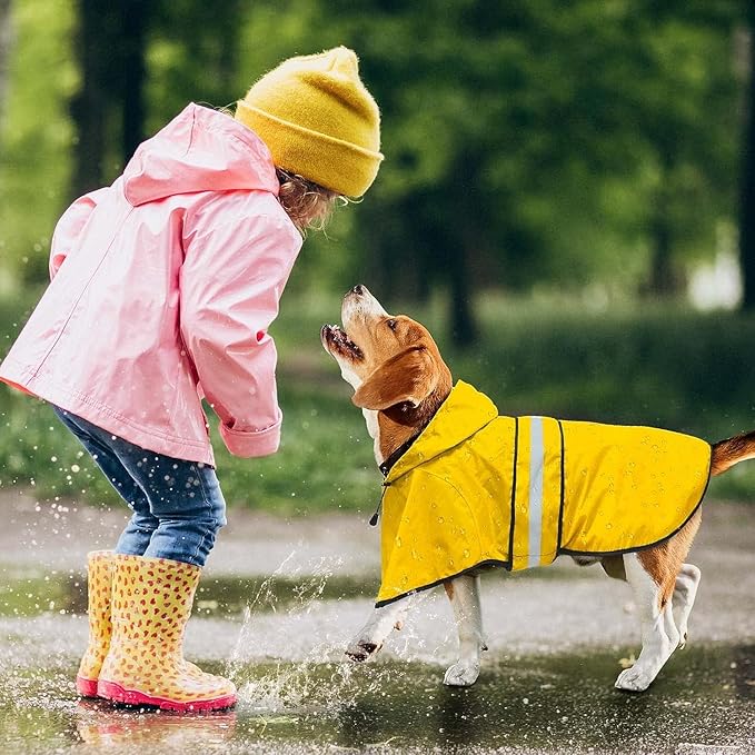 Fashion Hooded Dog Raincoat with Leash Hole- Reflective Dog Rain Jacket Adjustable Doggy Raincoats Lightweight Pet Rain Coat for Dogs (XX-Large, Yellow)