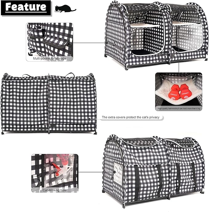 Mispace Portable Twin Compartment Show House Cat Cage/Condo - Easy to Fold & Carry Kennel - Comfy Puppy Home & Dog Travel Crate with Carry Bag/Two Hammocks/Mats and Collapsible Litter Box