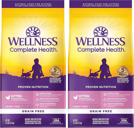 Wellness Natural Pet Food Complete Health Natural Grain Free Deboned Chicken & Chicken Meal Dry Kitten Food, 5.5 Pound Bag (Pack of 2)