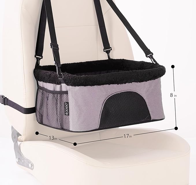 ROODO Deluxe Dog Booster Seat with Height-Adjustable Foldable Metal Frame and Safety Leash,Portable Pet Car Seat for Under 20lb Puppy Cats with Plush Thick Cushion Mesh Window Pockets(Gray)