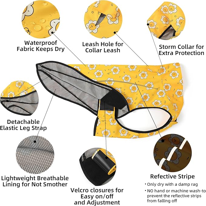 Mile High Life Dog Raincoat, Adjustable Waterproof Reflective Rain Jacket for Small Medium Large Dogs, Lightweight Breathable Pet Rain Coat with Leash Hole(Yellow Sun,M Chest 26-32")