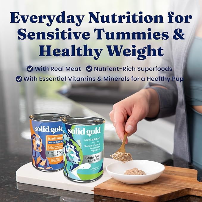 Solid Gold Wet Dog Food Variety Pack for Picky Eaters - Fit & Fabulous Chicken + Leaping Waters Chicken & Salmon Grain Free Canned Dog Food - Made with Real Protein for Sensitive Stomachs - 6 Pack