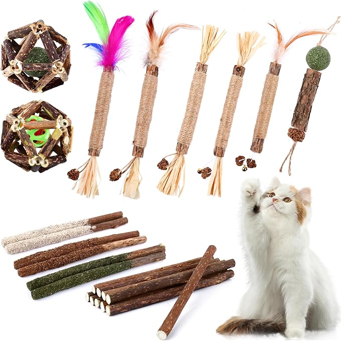 Catnip Chew Toys for Cats, 24 Pack Cat Toys with Silvervine Sticks, Natural Silvervine Stick Cage Balls & Bell Balls for Indoor Cats