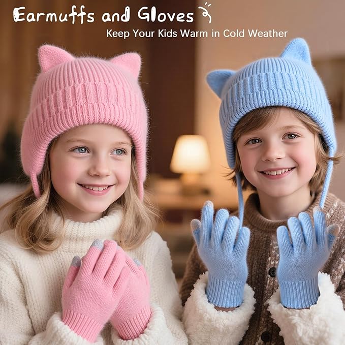 ZOORON Kids Winter Hat for Boys Girls, Cat Beanie Children Knit Skull Cap with Warm Ear Flap, Teen Beanie Hat Age 5-15 Years