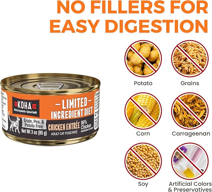 KOHA Limited Ingredient Diet Chicken Pate for Cats - Single Meat Wet Cat Food for Sensitive Stomachs - Pate Cat Food with No Fillers - 3oz Pack of 24