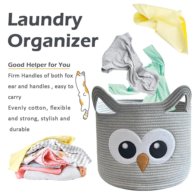 VK VK·LIVING Owl Storage Basket for Gift Foldable Cute Nursery Animal Toy Basket with Handles, Large Cotton Rope Baby Laundry Storage Organizer for Blanket Towels in Living Room Bedroom 15"Lx14"H