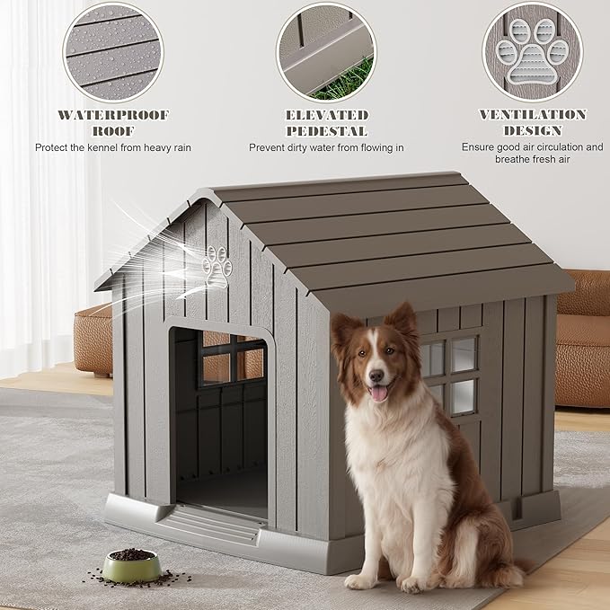 Dog House Outdoor Indoor - Waterproof, Ventilated, Easy to Clean, Elevated Floor for Small-Large Dogs, Easy to Assemble (Grey, 37.2" L x 40" W x 40" H)