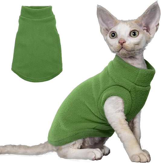 PUMYPOREITY Cat Sweater, Warm Kitten Clothes, Fleece Winter Coat for Hairless Cats, Soft Dog Fleece Vest, Cold Weather Pet Sweater for Dogs and Cats, Green, M