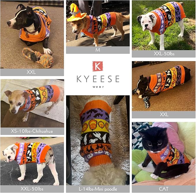 KYEESE Halloween Dog Sweater for Medium Sized Dogs Cute Pumpkin and Ghost Pattern Knitwear with Leash Hole Extra Warm and Soft Turtleneck Dog Apparel Cozy Holiday Pet Sweater, XX-Large