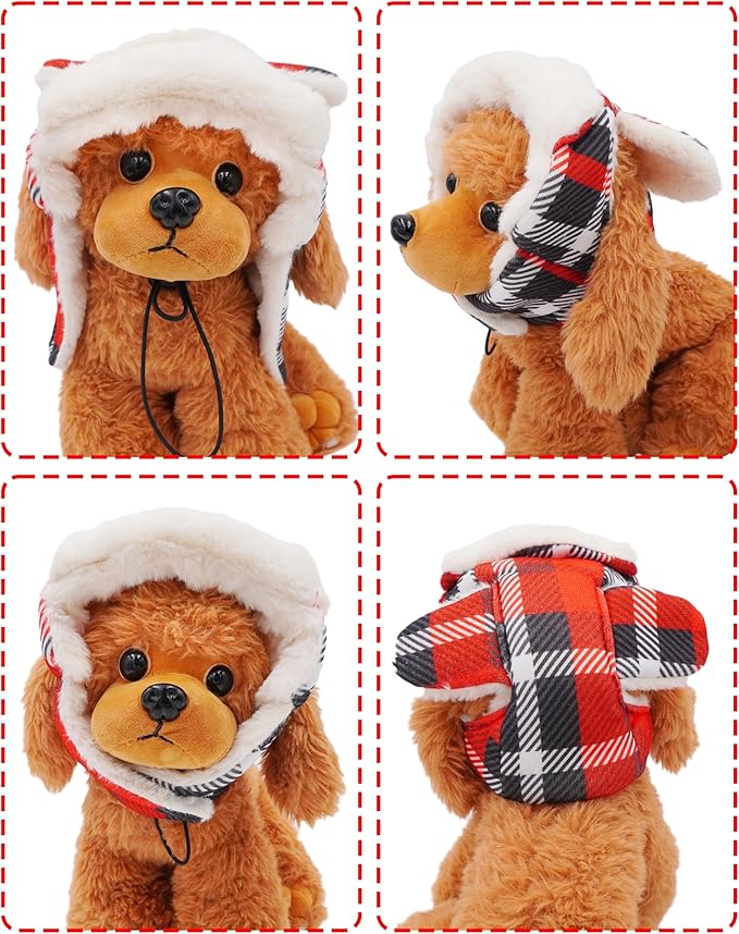 PET SHOW Dog Trapper Hat Winter Hat for Medium Large Dogs Christmas Warm Fleece Aviator Hats with Ear Flaps Adjustable Outdoor Boy Pet Pilot Costume Cap L-Red Plaid/with Ear Holes